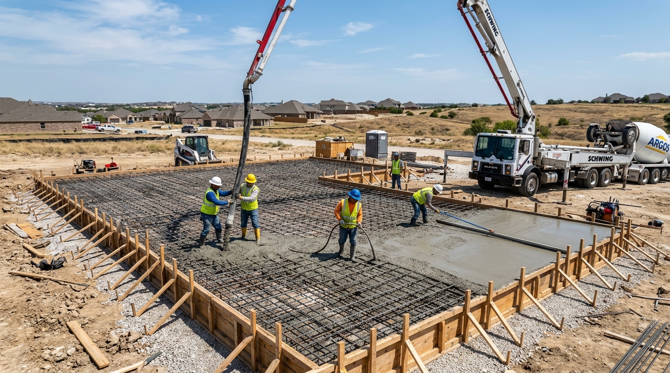 Engineered concrete foundation slab pour in Texas