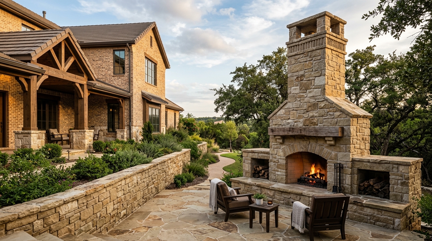 Stone masonry fireplace, retaining wall and brick work