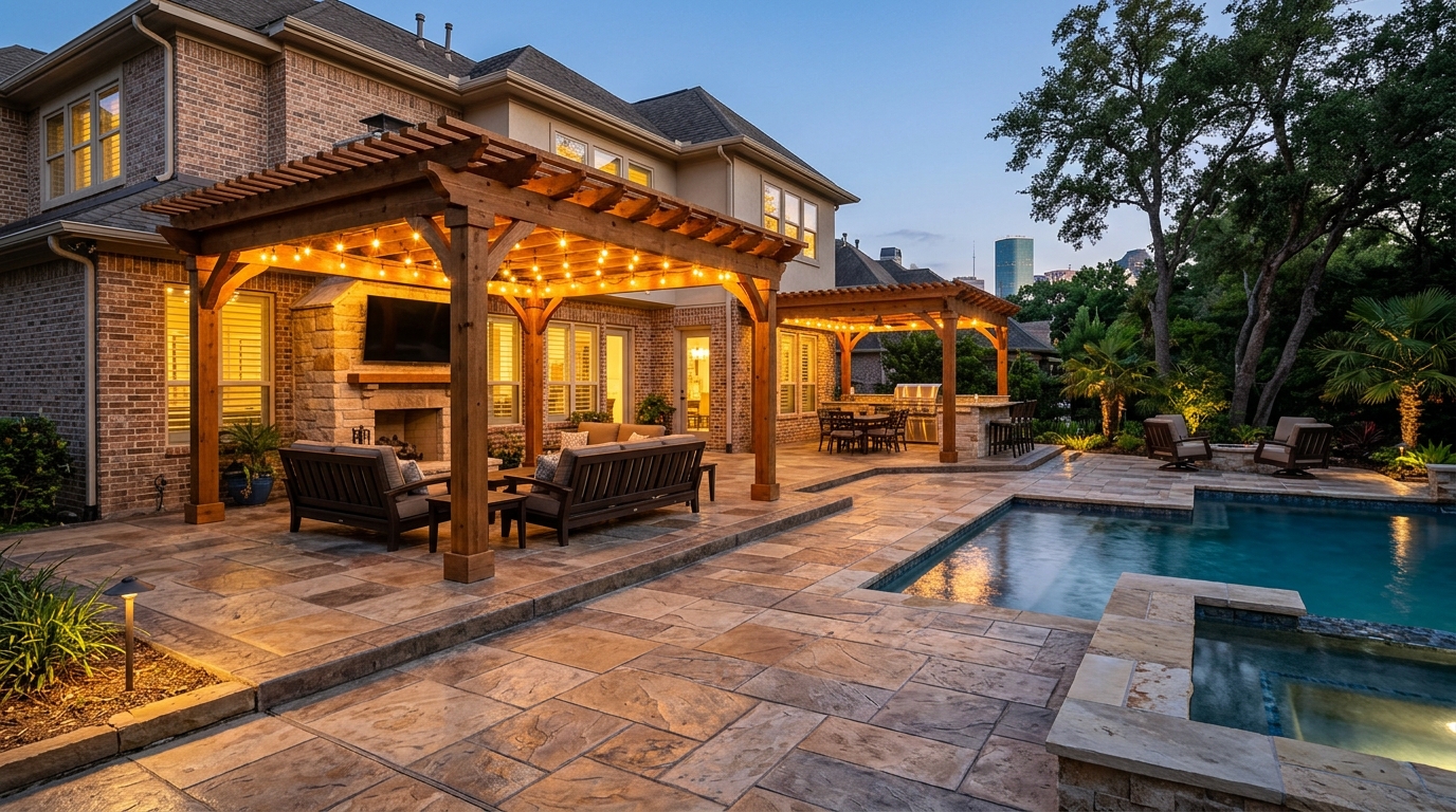 Decorative stamped concrete patio and pool deck in Houston